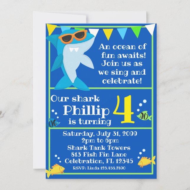 Kids Blue Shark Fintastic Birthday  Invitation (Front)
