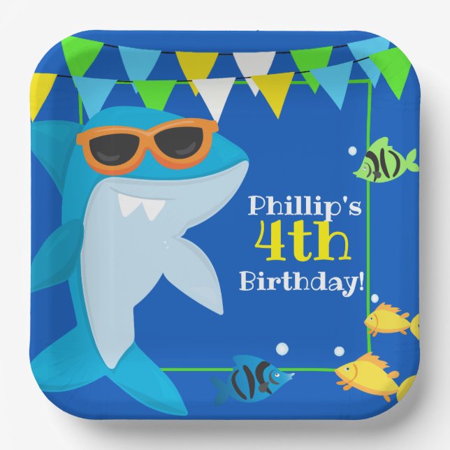Kids Blue Shark Fintastic Birthday Paper Plate (Front)