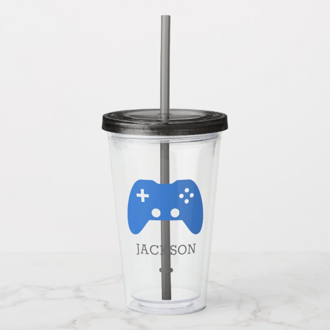 Kids Blue Video Game Controller Gamer Personalised Acrylic Tumbler (Front)