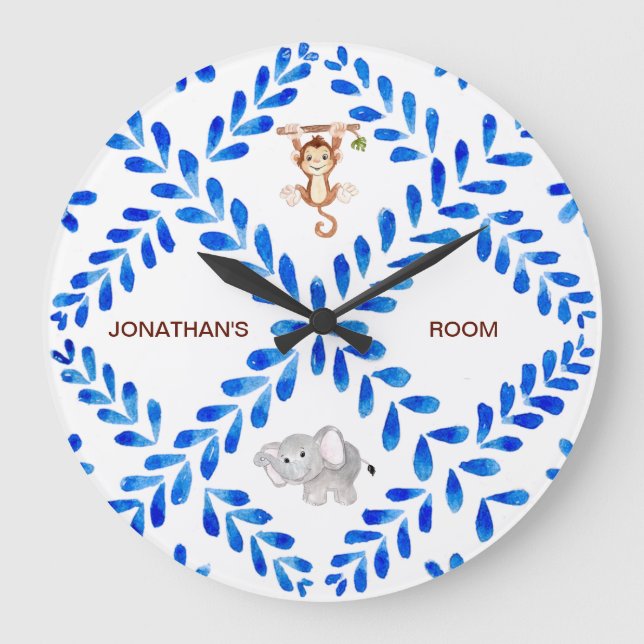 Kid's Blue & White Monkey Elephant Custom Name Large Clock (Front)