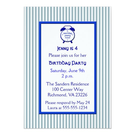 Kids Blue & White Stripe Cute Clock Birthday Party Card