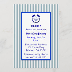 Kids Blue & White Stripe Cute Clock Birthday Party Invitation