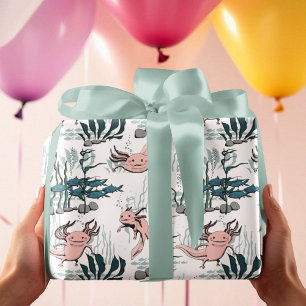 Kids Blush Pink & Green Underwater Axolotl Drawing Wrapping Paper