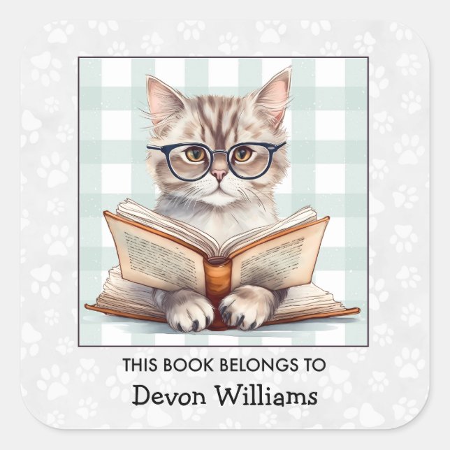 Kids Book Cat Bookplate Square Sticker (Front)