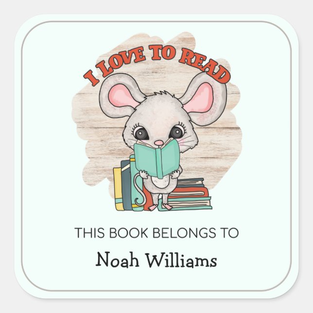 Kids Book Mouse Personalised Bookplates Square Sticker (Front)