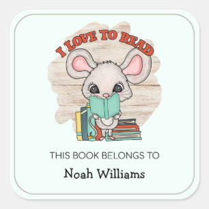 Kids Book Mouse Personalised Bookplates Square Sticker