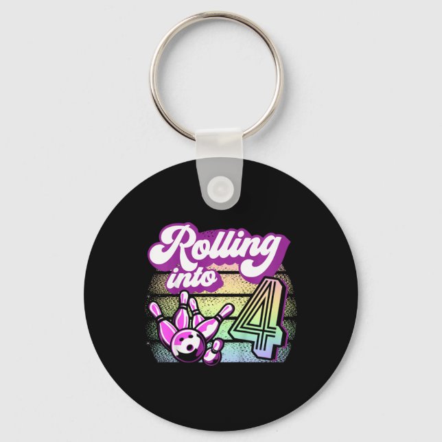 Kids Bowling Party Rolling Into 4 Bowling Birthday Key Ring (Front)