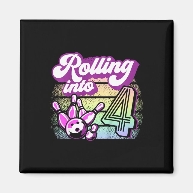 Kids Bowling Party Rolling Into 4 Bowling Birthday Magnet (Front)