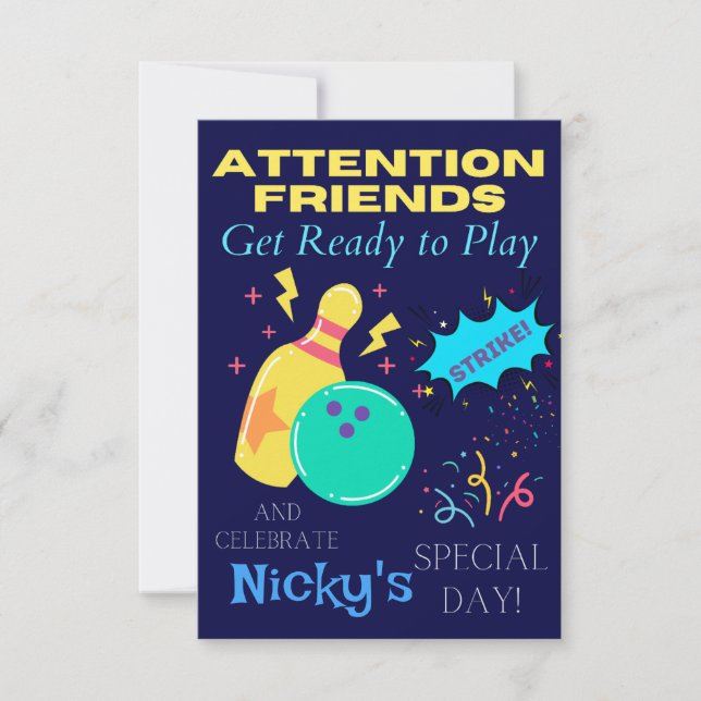 Kids Bowling Themed Birthday Party Invitations (Front)