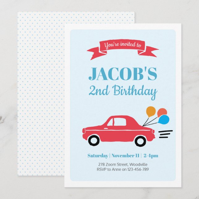 Kids boy car Birthday Invitation (Front/Back)