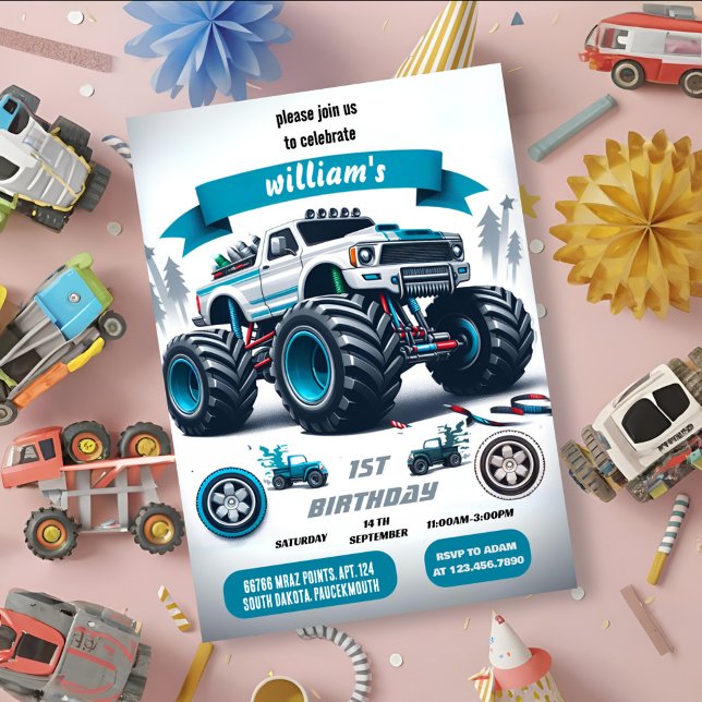 kids boy cars cool monster truck 1st birthday invitation (Creator Uploaded)