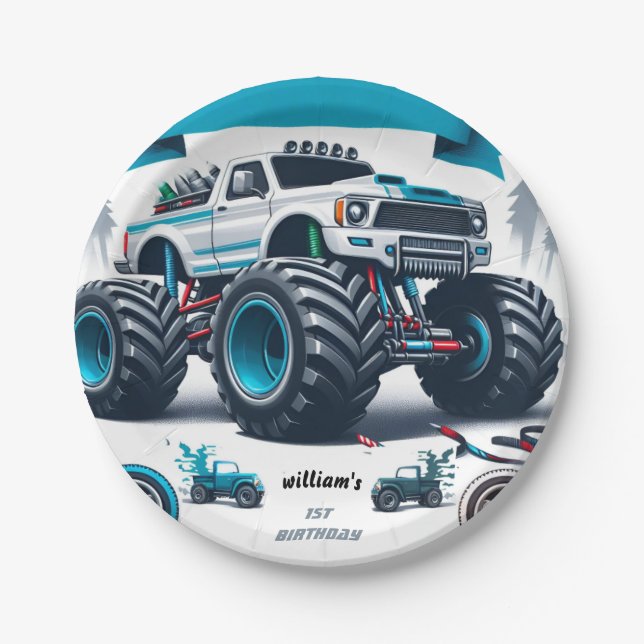 kids boy cars cool monster truck 1st birthday paper plate (Front)