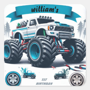 kids boy cars cool monster truck 1st birthday square sticker