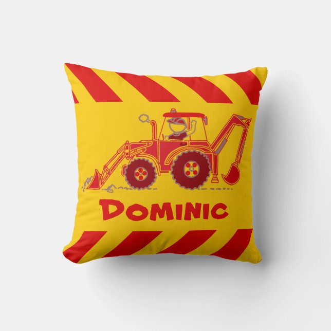 Kids boy digger red and yellow name pillow (Front)