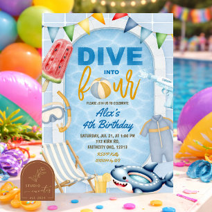Kid's Boy Pool party Dive into FOUR Birthday Invitation