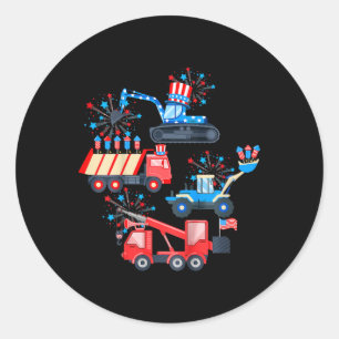 Kids Boys 4th Of July Crane Truck Construction Veh Classic Round Sticker