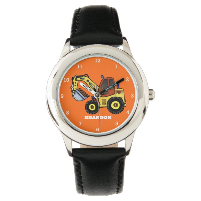 Kids Boys Construction Digger Excavator Name Watch (Front)