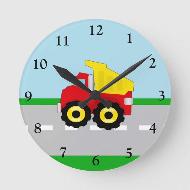 Kids Boys Construction Dumptruck Round Clock (Front)