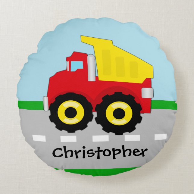 Kids Boys Construction Dumptruck Round Cushion (Front)