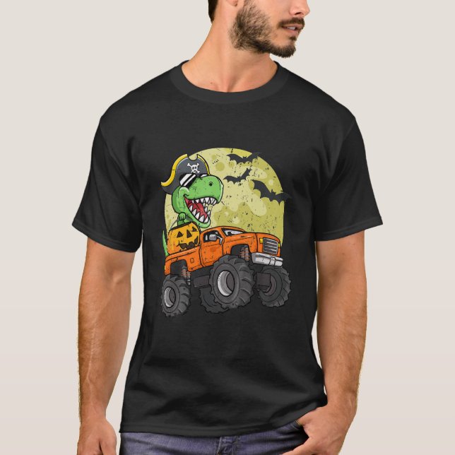 Kids Boys Halloween Monster Truck T - Rex Pirate T-Shirt (Front)