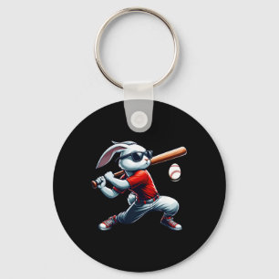 Kids Boys Happy Easter Bunny Playing Baseball East Key Ring
