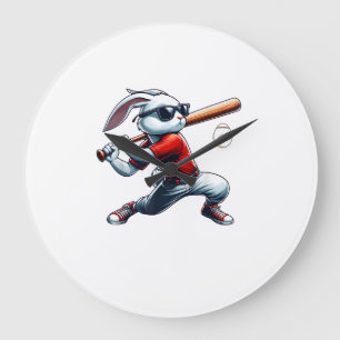 Kids Boys Happy Easter Bunny Playing Baseball East Large Clock