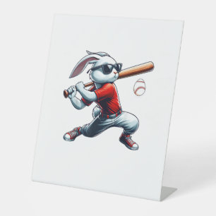 Kids Boys Happy Easter Bunny Playing Baseball East Pedestal Sign