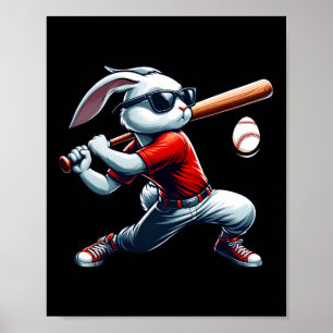 Kids Boys Happy Easter Bunny Playing Baseball East Poster