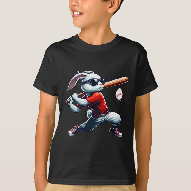 Kids Boys Happy Easter Bunny Playing Baseball East T-Shirt (Front)