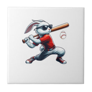 Kids Boys Happy Easter Bunny Playing Baseball East Tile