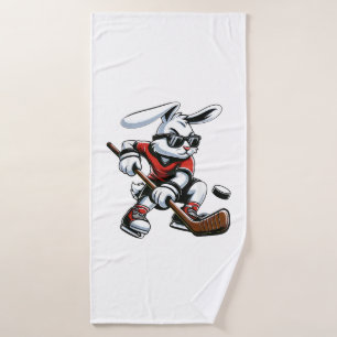 Kids Boys Happy Easter Bunny Playing Hockey Easter Bath Towel