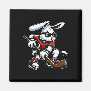 Kids Boys Happy Easter Bunny Playing Hockey Easter Magnet