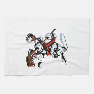 Kids Boys Happy Easter Bunny Playing Hockey Easter Tea Towel