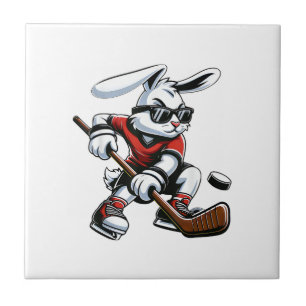 Kids Boys Happy Easter Bunny Playing Hockey Easter Tile