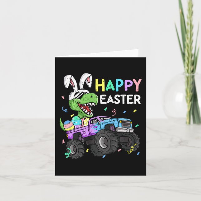 Kids Boys Happy Easter T-rex Bunny Monster Truck R Card (Front)