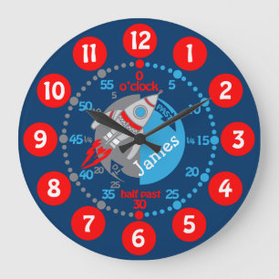 Kids boys learn to tell time blue red space clock