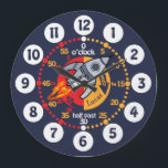 Kids boys learn to tell time space rocket clock<br><div class="desc">Colourful kids boys graphic wall clock colour coded to help assist your child to read a clock featuring a space rocket blasting off into space and your name . This colourful teaching aid includes minutes and hours and past and to colour coding making child's play of telling the time. Designed...</div>