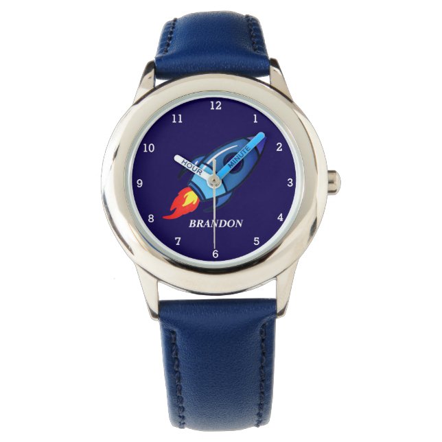 Kids Boys Rocket Space Blue Astronaut Name Watch (Front)