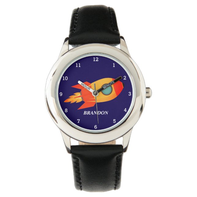 Kids Boys Rocket Space Blue Astronaut Name Watch (Front)