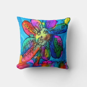 Kids bright flower ink art blue and pink cushion