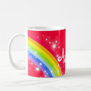 Kids bright rainbow red name mug