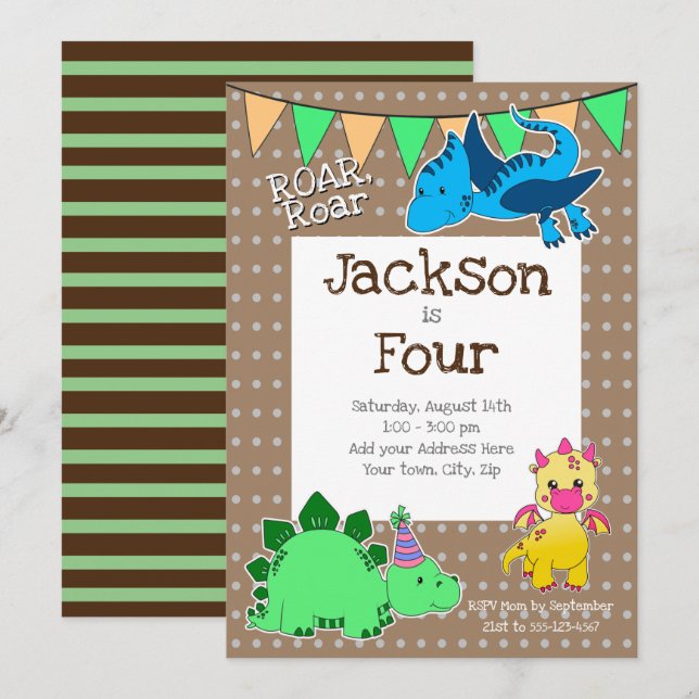 Kids Brown Dinosaur 4th Birthday Party Invitation (Front/Back)