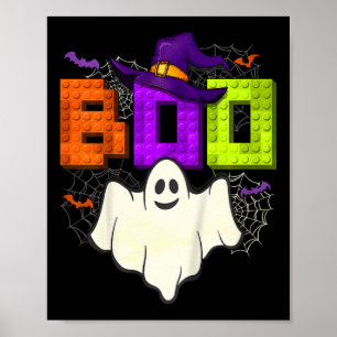 Kids Building Bricks Boo Halloween Ghost Witch Gro Poster