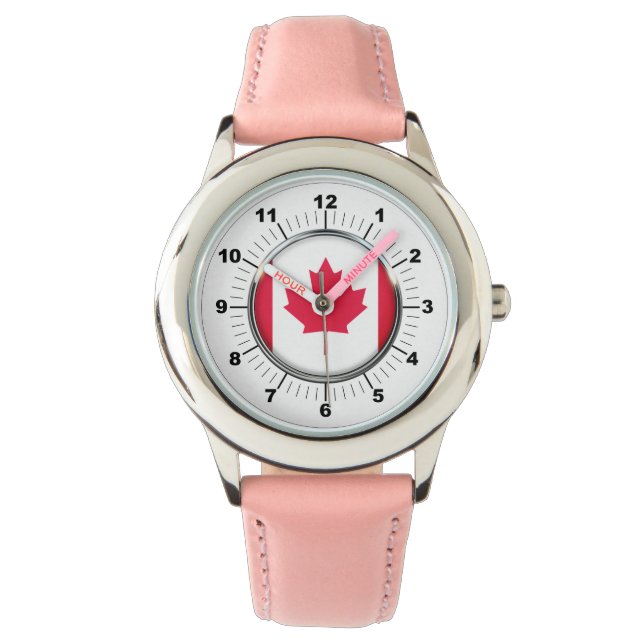 Kid's Canada Flag Pink Leather Strap Watch (Front)