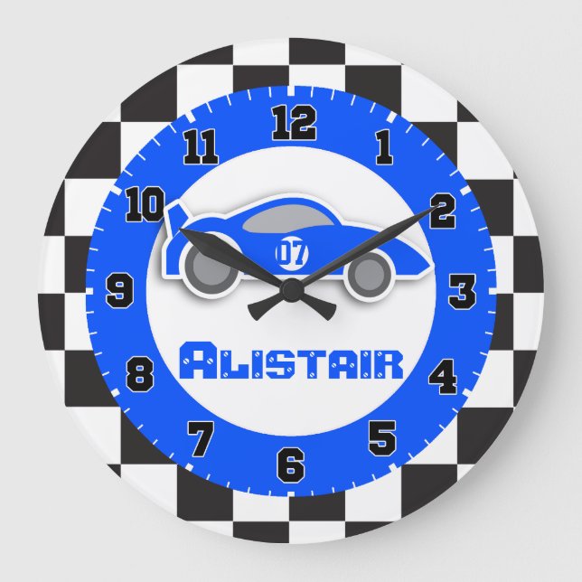 Kids car blue chequered flag name wall clock (Front)