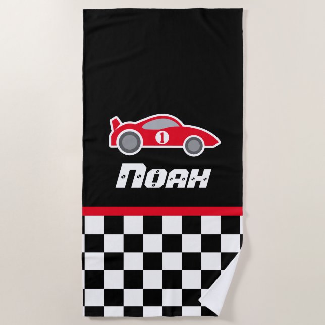 Kids car red chequered flag named beach towels (Front)