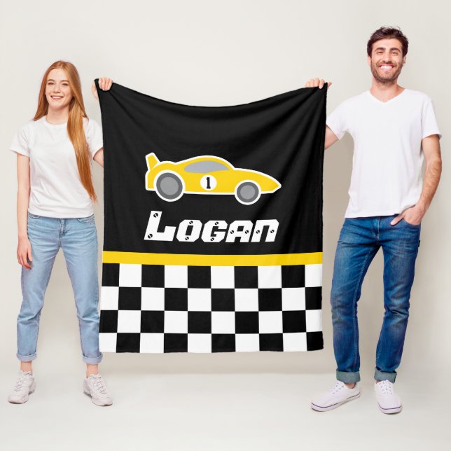 Kids car yellow chequered flag name blanket (In Situ)