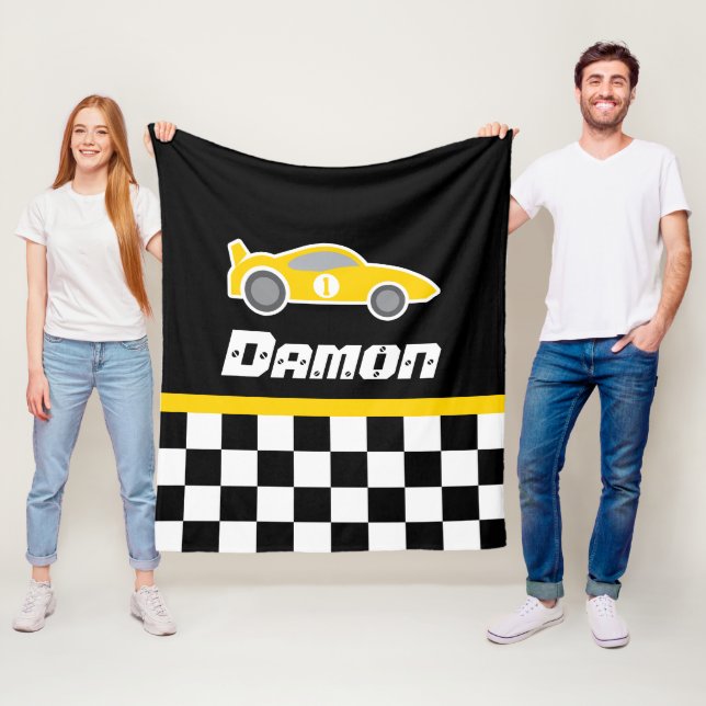 Kids car yellow chequered flag name blanket (In Situ)