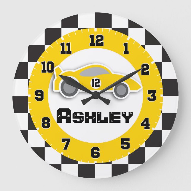 Kids car yellow chequered flag name wall clock (Front)