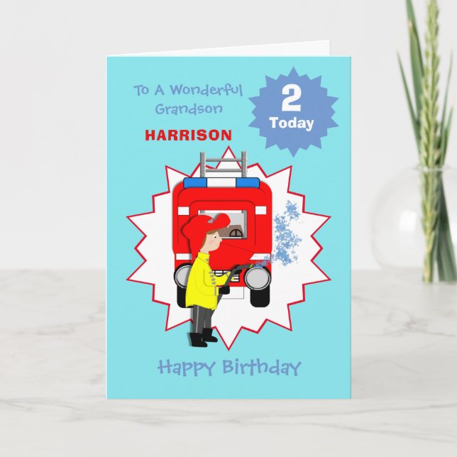 Kids Cartoon Fire-Fighter Truck Cute Birthday Card (Front)